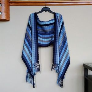 Hand Woven Cotton Scarf Shawl, Blue Stripe